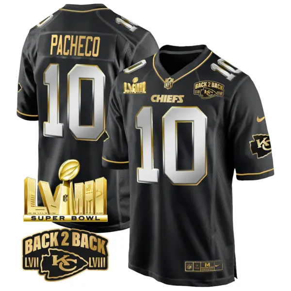 Mens Kansas City Chiefs Super Bowl LVIII Back 2 Back Gold Game Jersey Isiah Pacheco Jersey Black Limited