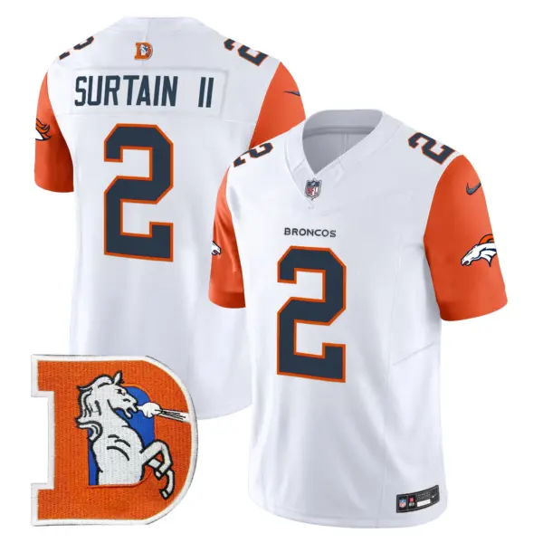 Mens Denver Broncos Throwback Vapor Limited Jersey V2 Patrick Surtain II Jersey Orange Sleeves