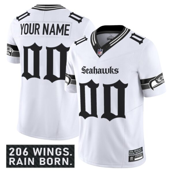 Seattle Seahawks ‘Gothic Rain City Shadows Edition’ Vapor Limited Custom Jersey – All Stitched – White Jersey