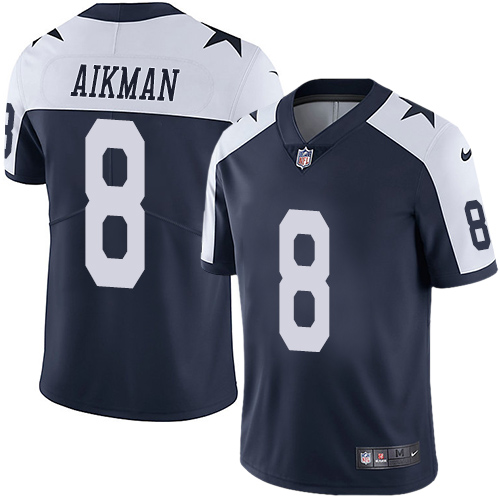Nike Dallas Cowboys #8 Troy Aikman Navy Blue Thanksgiving Men’s Stitched NFL Vapor Untouchable Limited Throwback Jersey