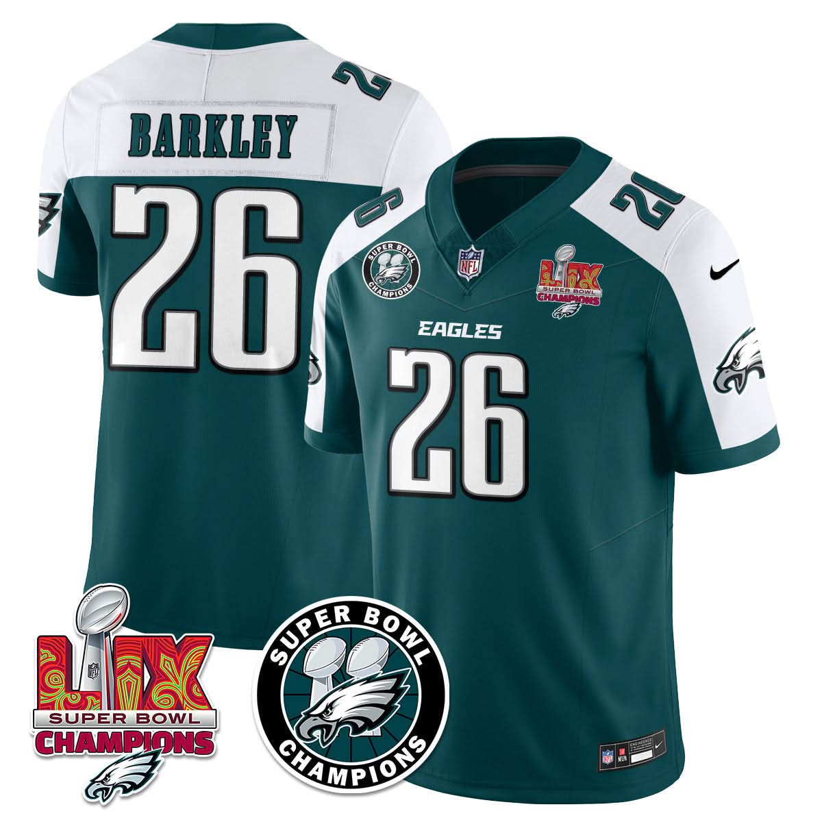 Philadelphia Eagles Super Bowl LIX Champions Jersey – All Stitched – Alternate Green – Saquon Barkley – 26 Jersey