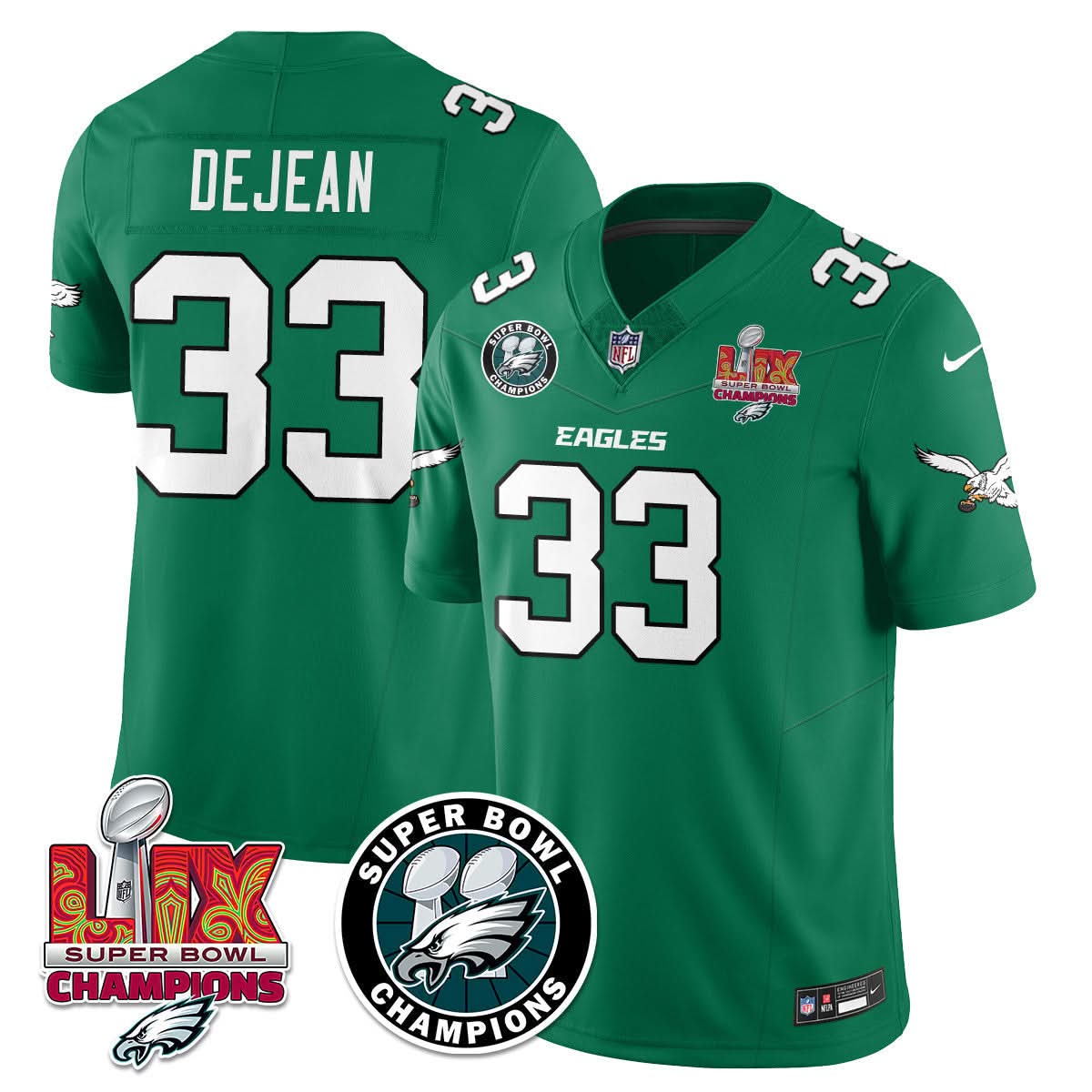 Philadelphia Eagles Super Bowl LIX Champions Jersey – All Stitched – Kelly Green – Cooper DeJean – 33 Jersey