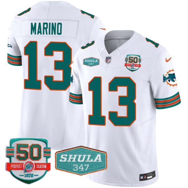 Men’s Dolphins Throwback Shula 347 Patch Vapor Jersey – All Stitched – White – Dan Marino