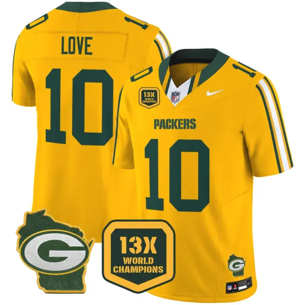 Mens Green Bay Packers 13 Time World Champions Home Patch Vapor Limited Jersey Jordan Love Jersey Gold