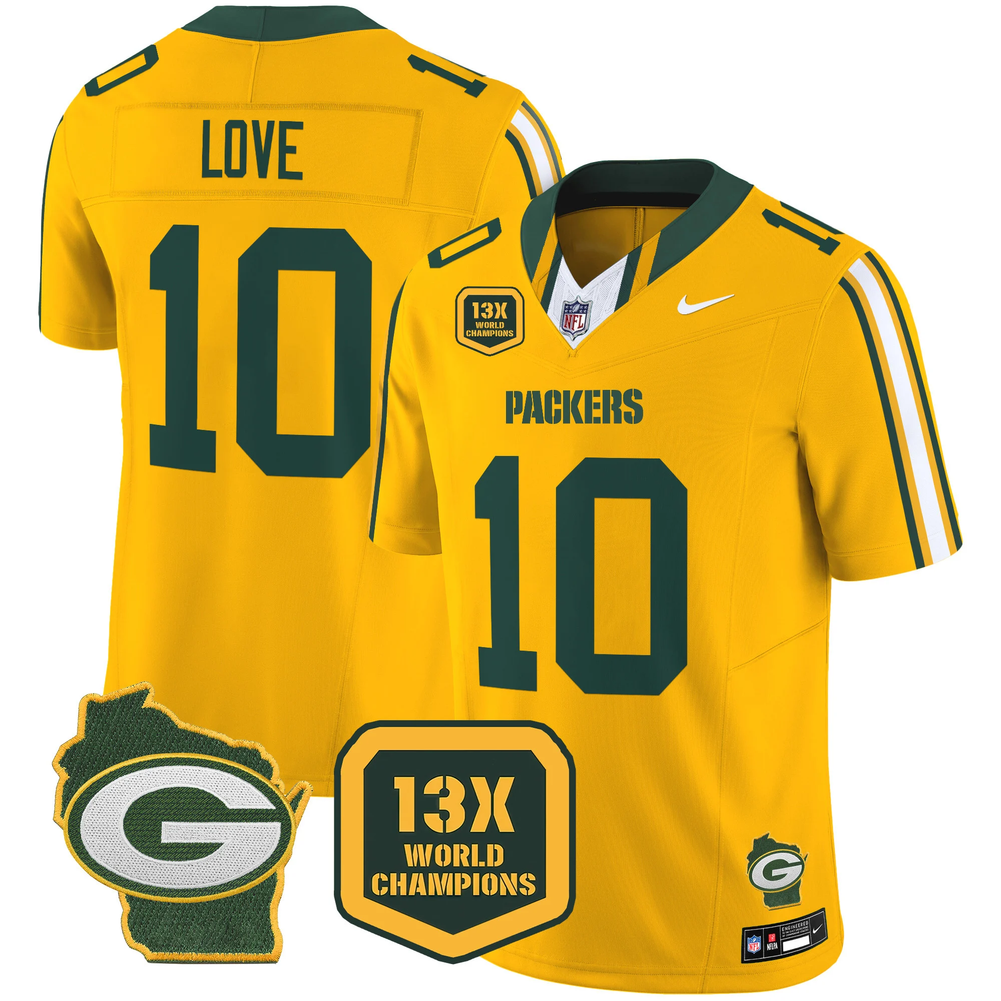 Mens Green Bay Packers 13 Time World Champions Home Patch Vapor Limited Jersey Jordan Love Jersey Gold