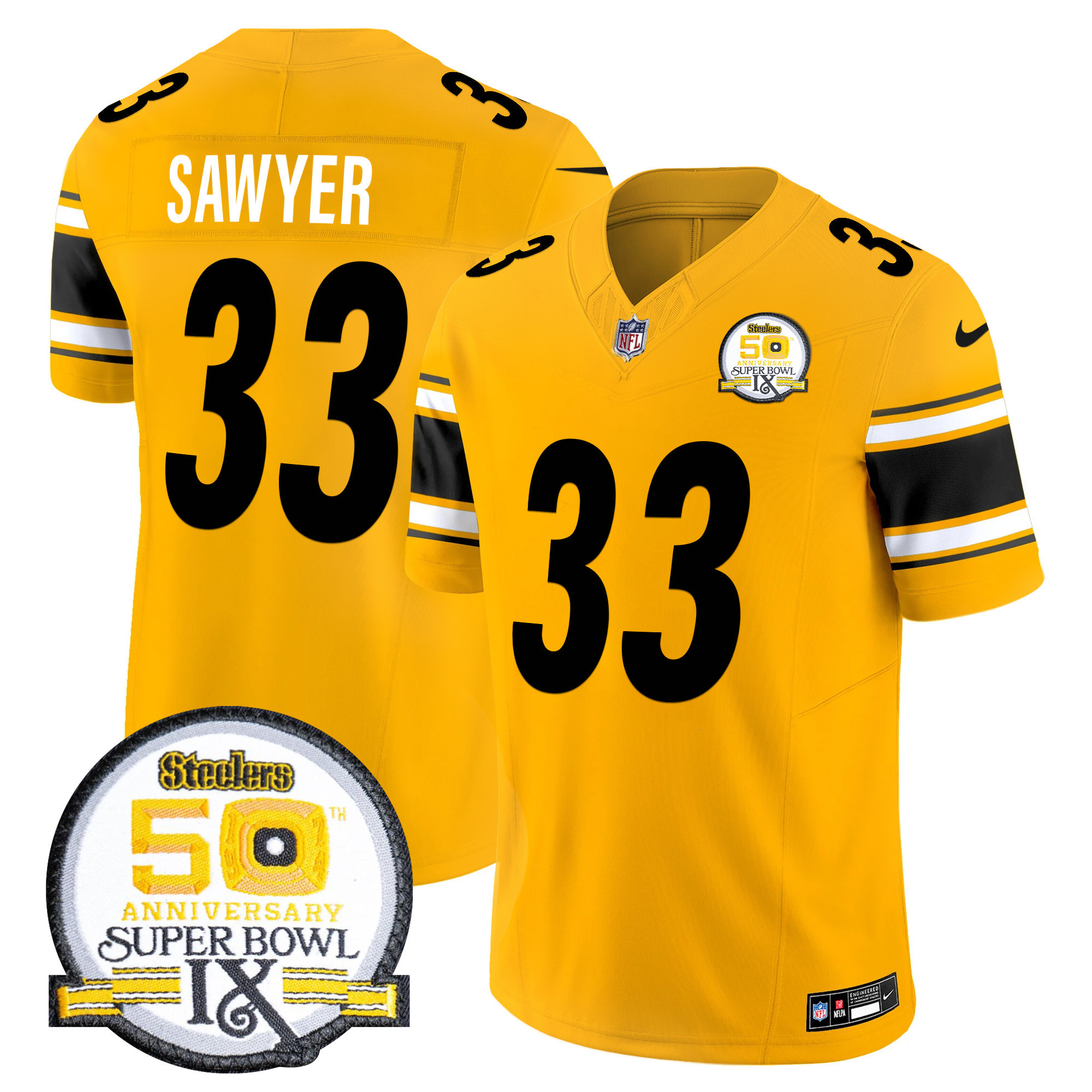 Men’s Steelers 50th Anniversary Of Super Bowl IX Patch Vapor Limited Jersey – All Stitched Gold Jack Sawyer Jersey