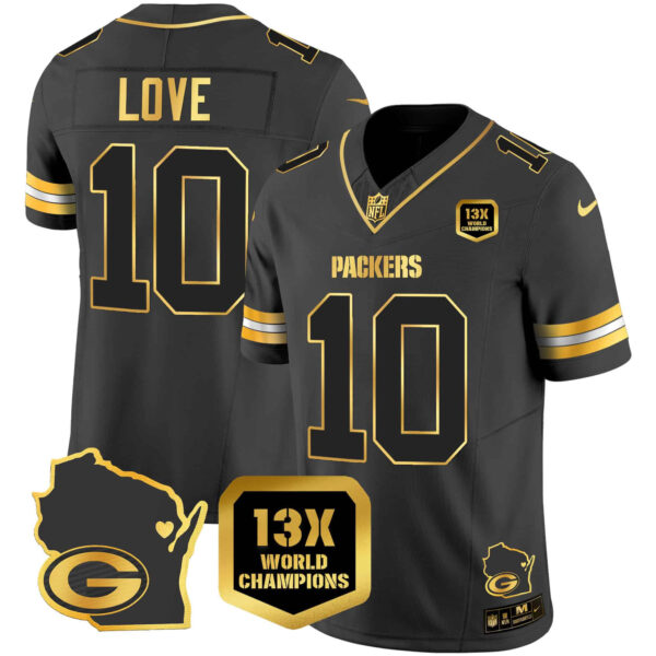 Men’s Packers 13 Time World Champions & Home Patch Gold Vapor Jersey V2 – All Stitched – Black Gold – Jordan Love