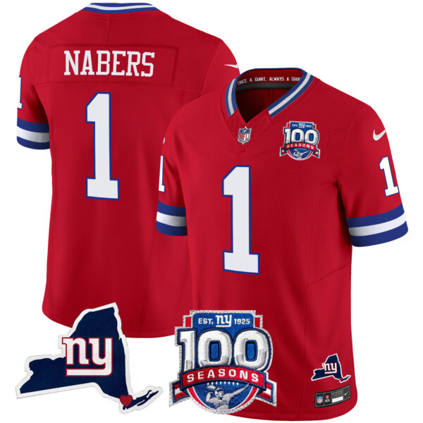 Men’s New York Giants 100th Season & State Patch Vapor Limited Jersey – All Stitched Red Malik Nabers Jersey