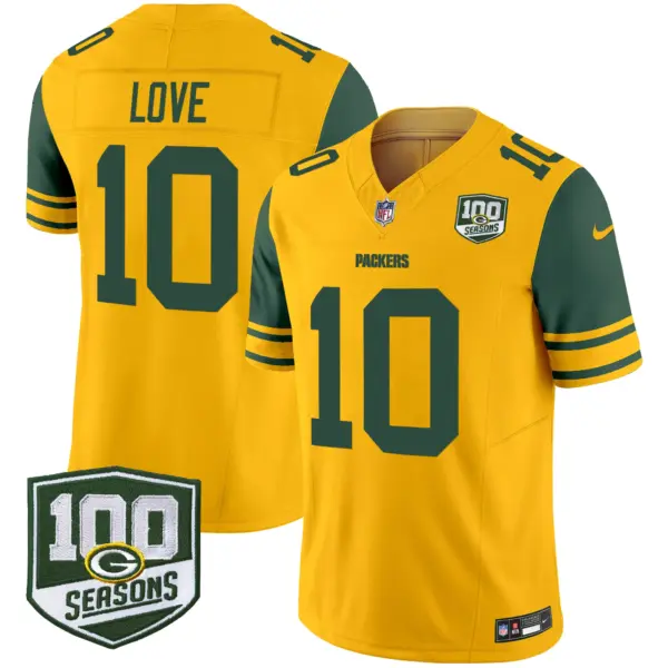 Mens Green Bay Packers Throwback 100Th Season Patch Vapor Limited Jersey Jordan Love Jersey Gold