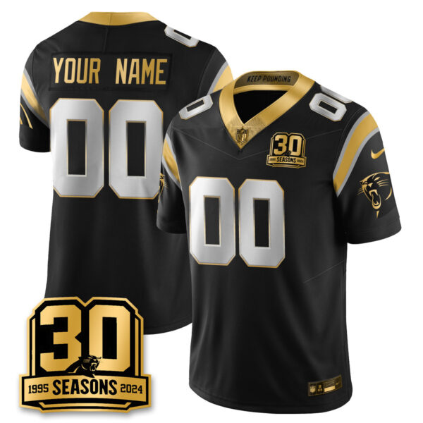 Custom Name/Gender Carolina Panthers 2024 Vapot Limited Jersey – 30th Season – All Stitched Men Black Gold Jersey