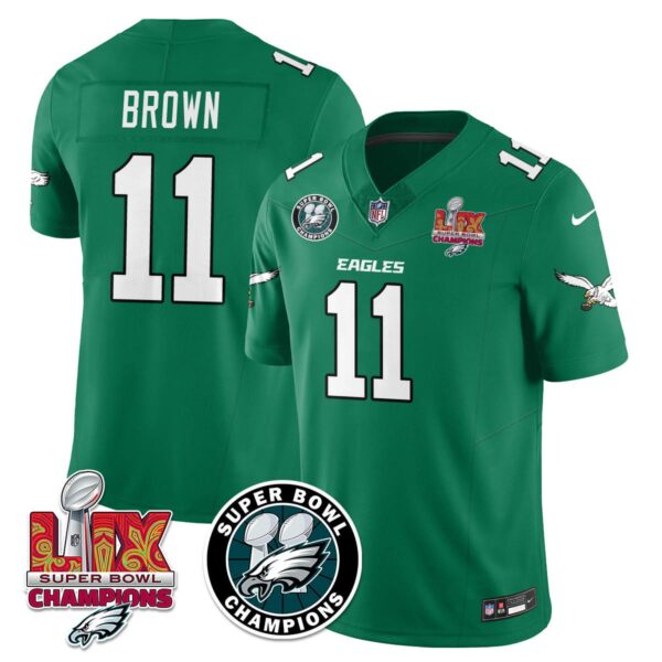 Philadelphia Eagles Super Bowl LIX Champions Jersey – All Stitched – Kelly Green – A. J. Brown – 11 Jersey