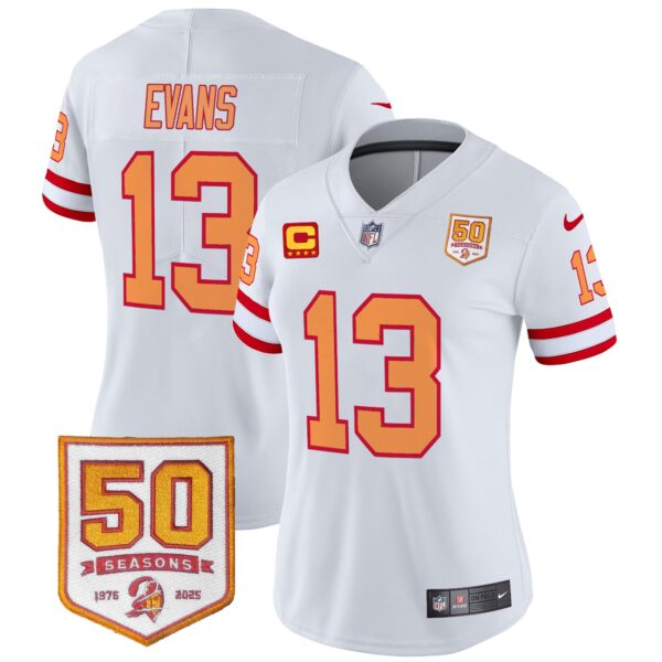 Women’s Tampa Bay Buccaneers Throwback 50th Season Patch Vapor Limited Jersey – All Stitched White Mike Evans Jersey