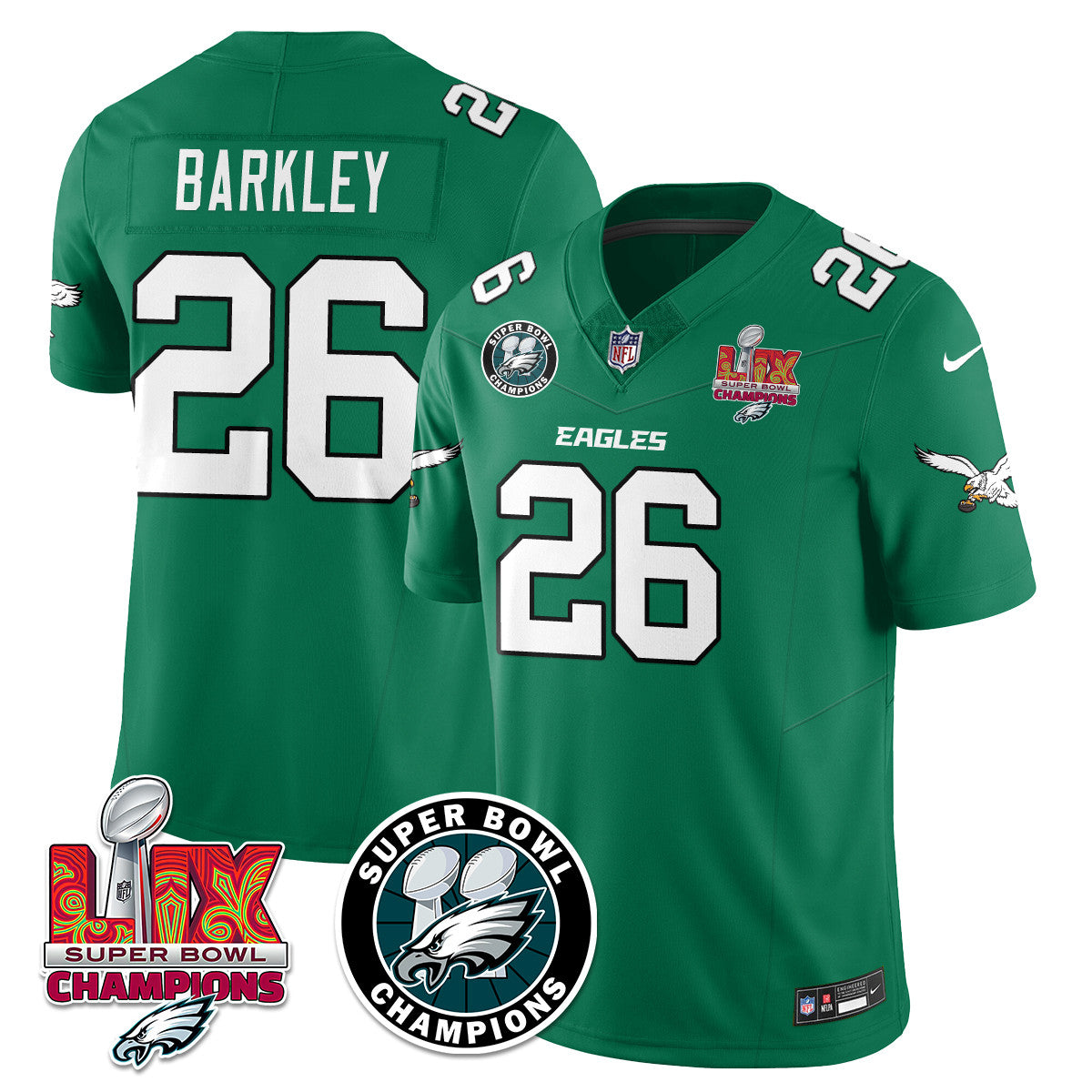 Philadelphia Eagles Super Bowl LIX Champions Jersey – All Stitched – Kelly Green – Saquon Barkley – 26 Jersey