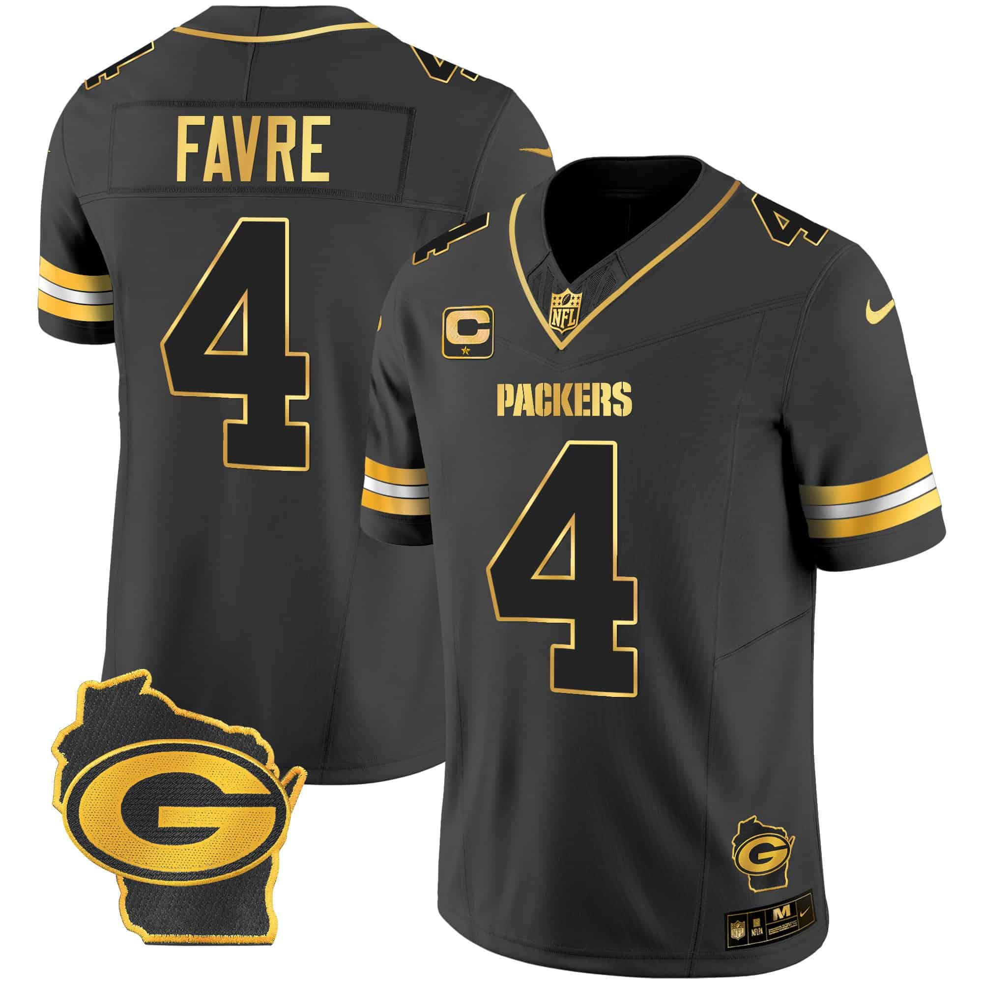 Men’s Packers Home Patch Gold Vapor Jersey – All Stitched – Black Gold – Brett Favre