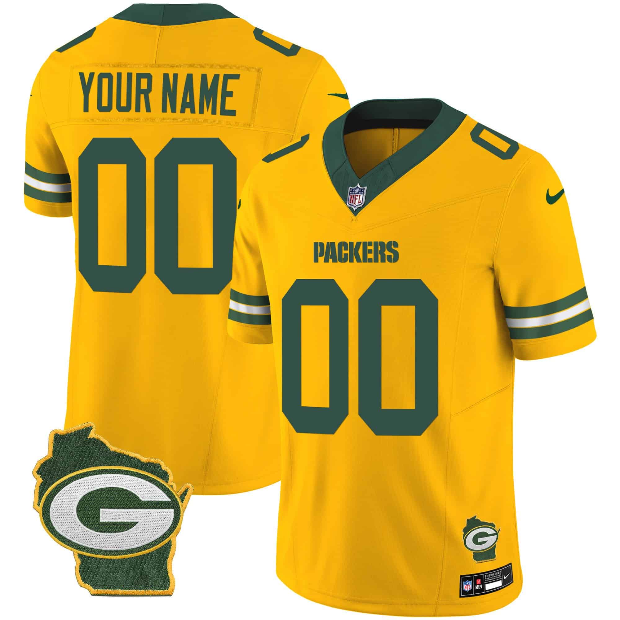 Packers Home Patch Vapor Custom Jersey V3 – All Stitched – Men – Gold