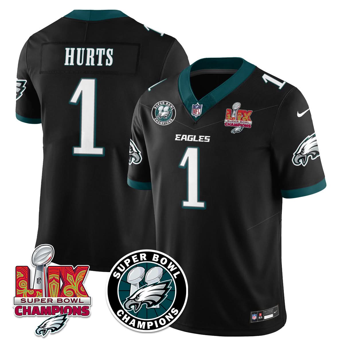 Philadelphia Eagles Super Bowl LIX Champions Jersey – All Stitched – Black – Jalen Hurts – 1 Jersey