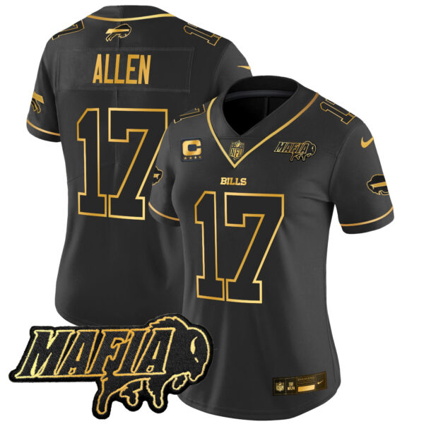 Women’s Buffalo Bills 2024 Bills Mafia Patch Gold Vapor Limited Jersey – All Stitched – Black Gold – Josh Allen Jersey