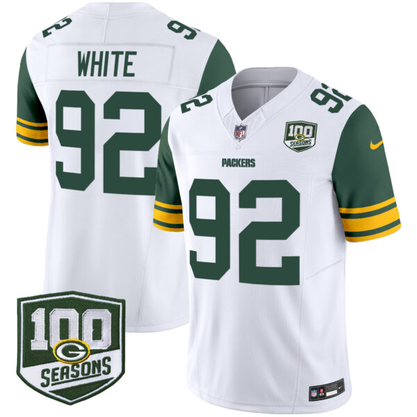 Men’s Green Bay Packers Throwback 100th Season Patch Vapor Limited Jersey – All Stitched – White – Reggie White