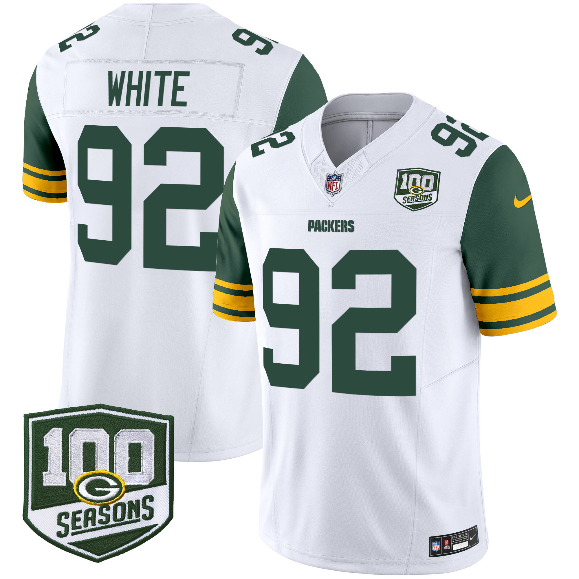 Men’s Green Bay Packers Throwback 100th Season Patch Vapor Limited Jersey – All Stitched – White – Reggie White