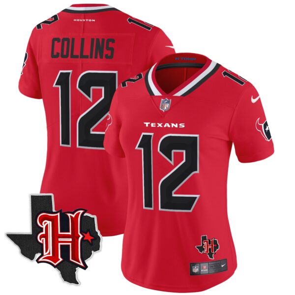 Women’s Houston Texans 2024 Texas Patch Vapor Limited Jersey V5 – All Stitched – Red – Nico Collins Jersey