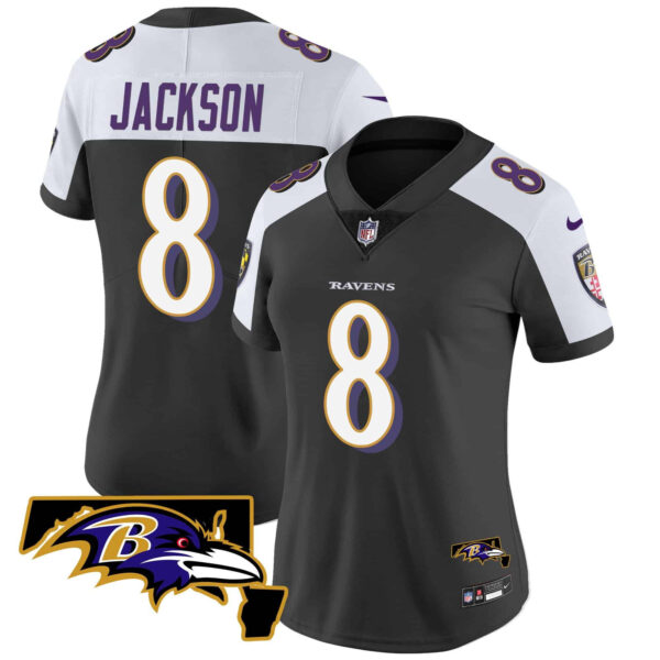 Women’s Ravens Maryland Patch Vapor Limited Jersey – All Stitched – Black Alternate – Lamar Jackson