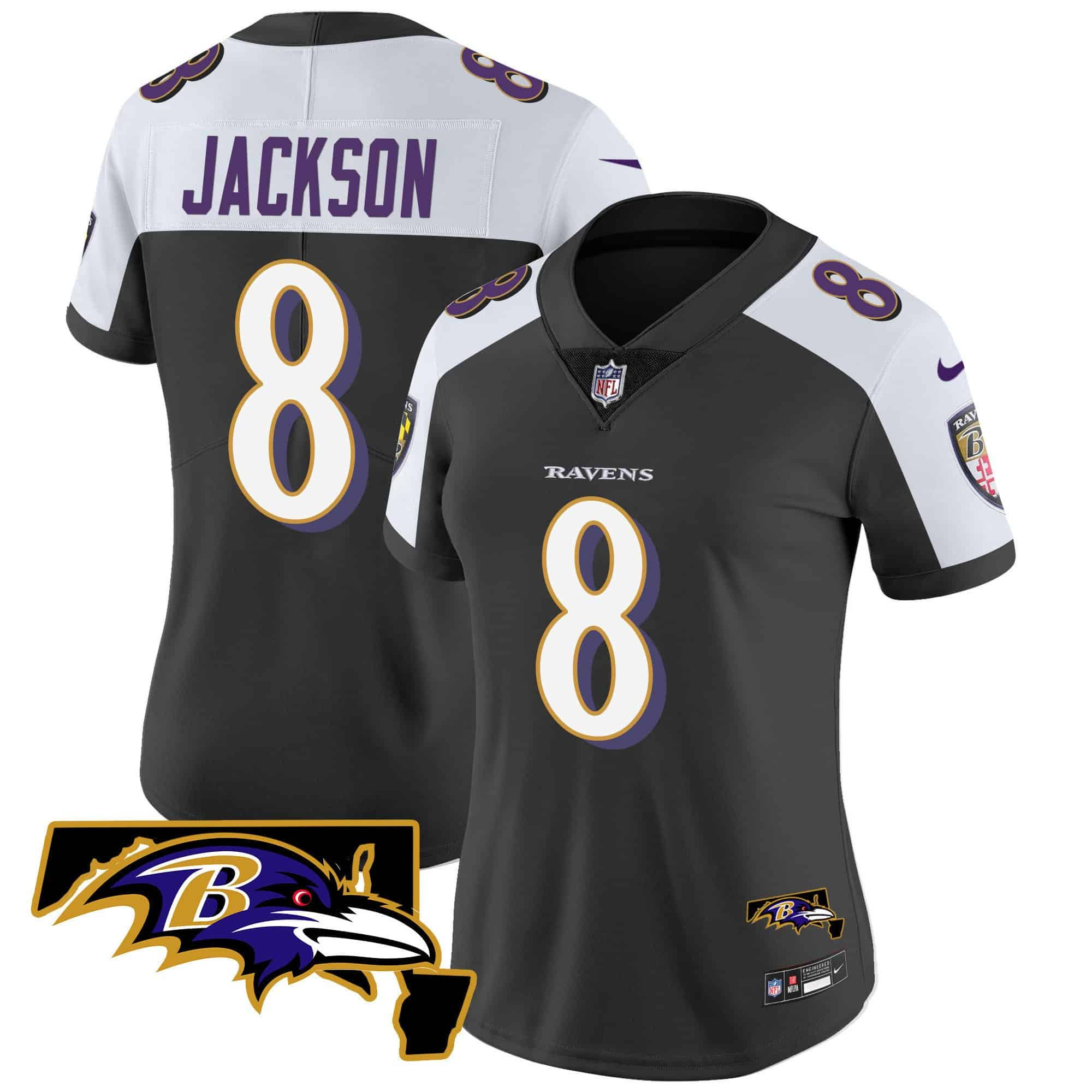 Women’s Ravens Maryland Patch Vapor Limited Jersey – All Stitched – Black Alternate – Lamar Jackson