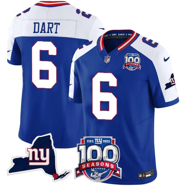 Men’s New York Giants 100th Season & State Patch Vapor Limited Jersey – All Stitched Royal Alternate Jaxson Dart Jersey