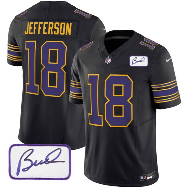 Men’s Vikings Bud Grant Patch Classic Limited Jersey – All Stitched – Black – Justin Jefferson