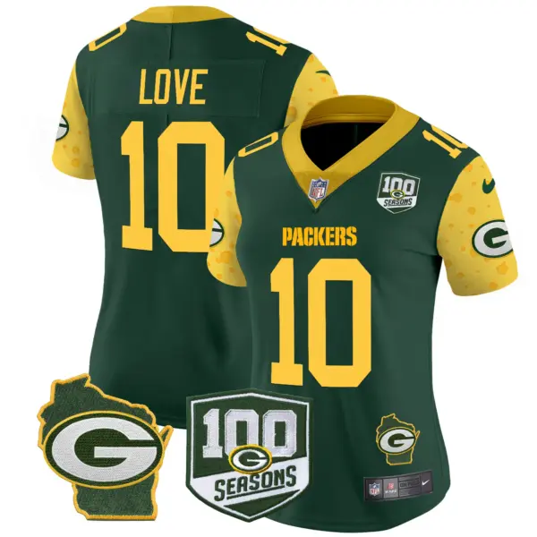 Womens Green Bay Packers 100Th Season Home Patch Cheese Vapor Limited Jersey Jordan Love Jersey Green