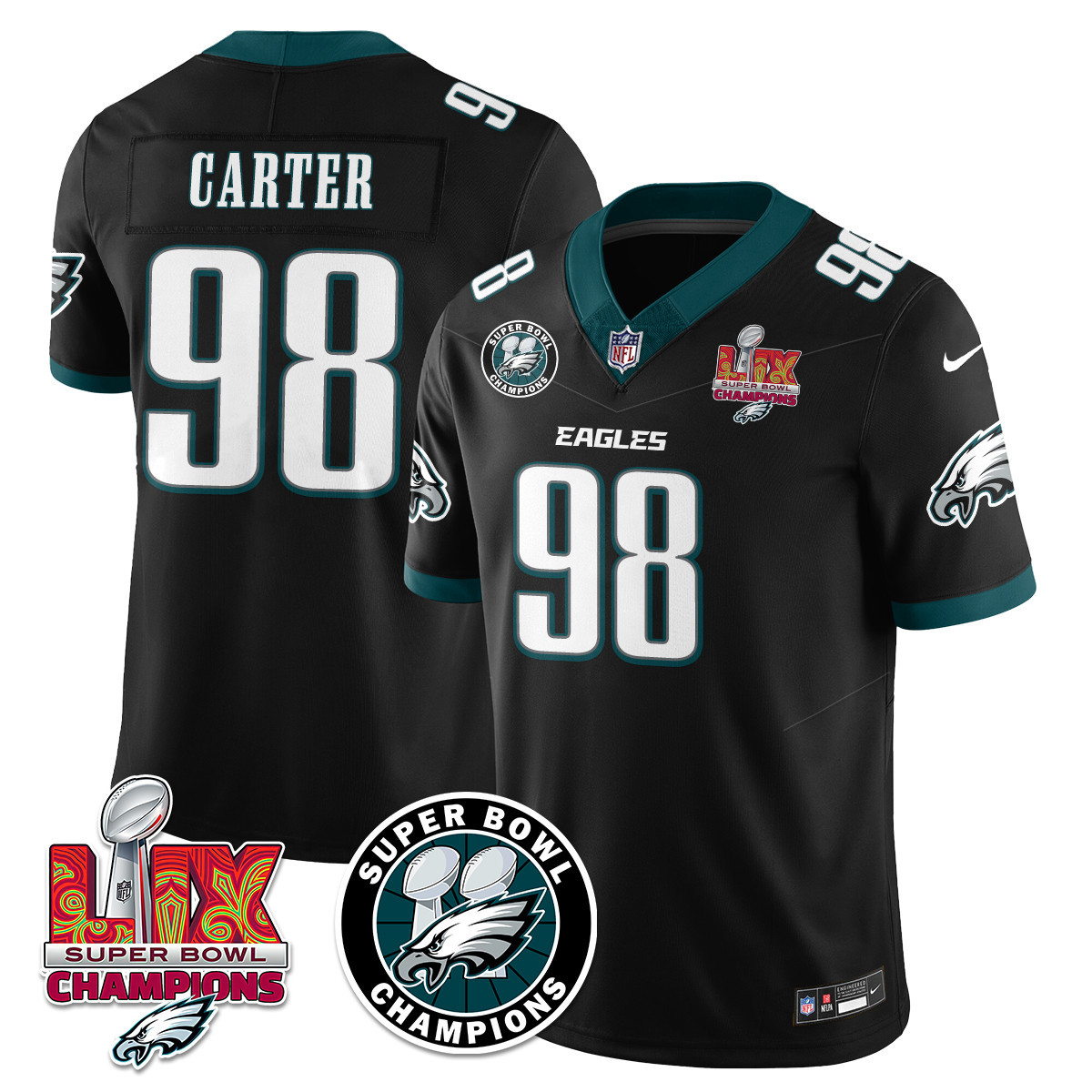 Men’s Philadelphia Eagles Super Bowl LIX Champions Jersey – All Stitched Black Jalen Carter – 98 Jersey