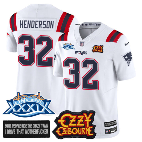 New England Patriots Ozzy Osbourne Jersey – Memories Super Bowl XXXIX – All Stitched – White – TreVeyon Henderson – 32 Jersey