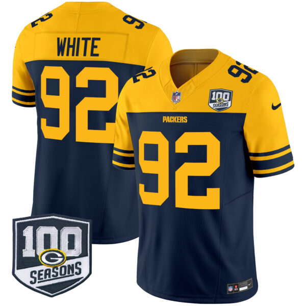Men’s Green Bay Packers Throwback 100th Season Patch Vapor Limited Jersey – All Stitched – Navy – Reggie White