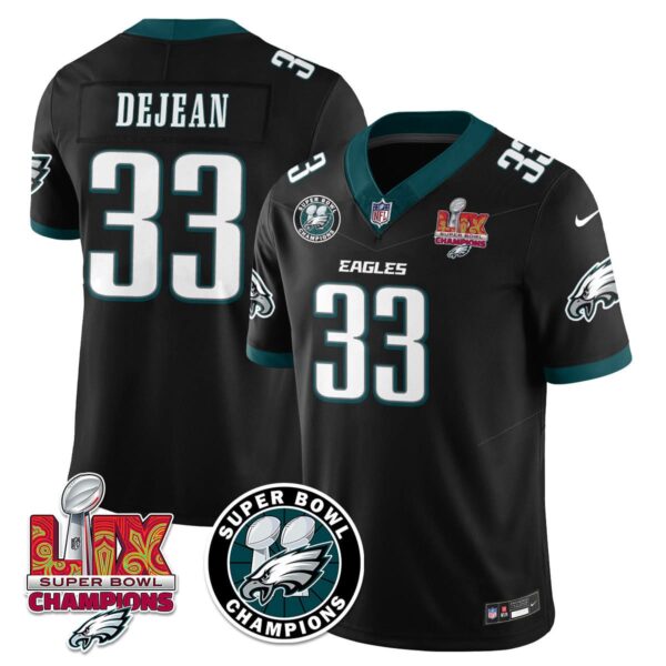 Philadelphia Eagles Super Bowl LIX Champions Jersey – All Stitched – Black – Cooper DeJean – 33 Jersey