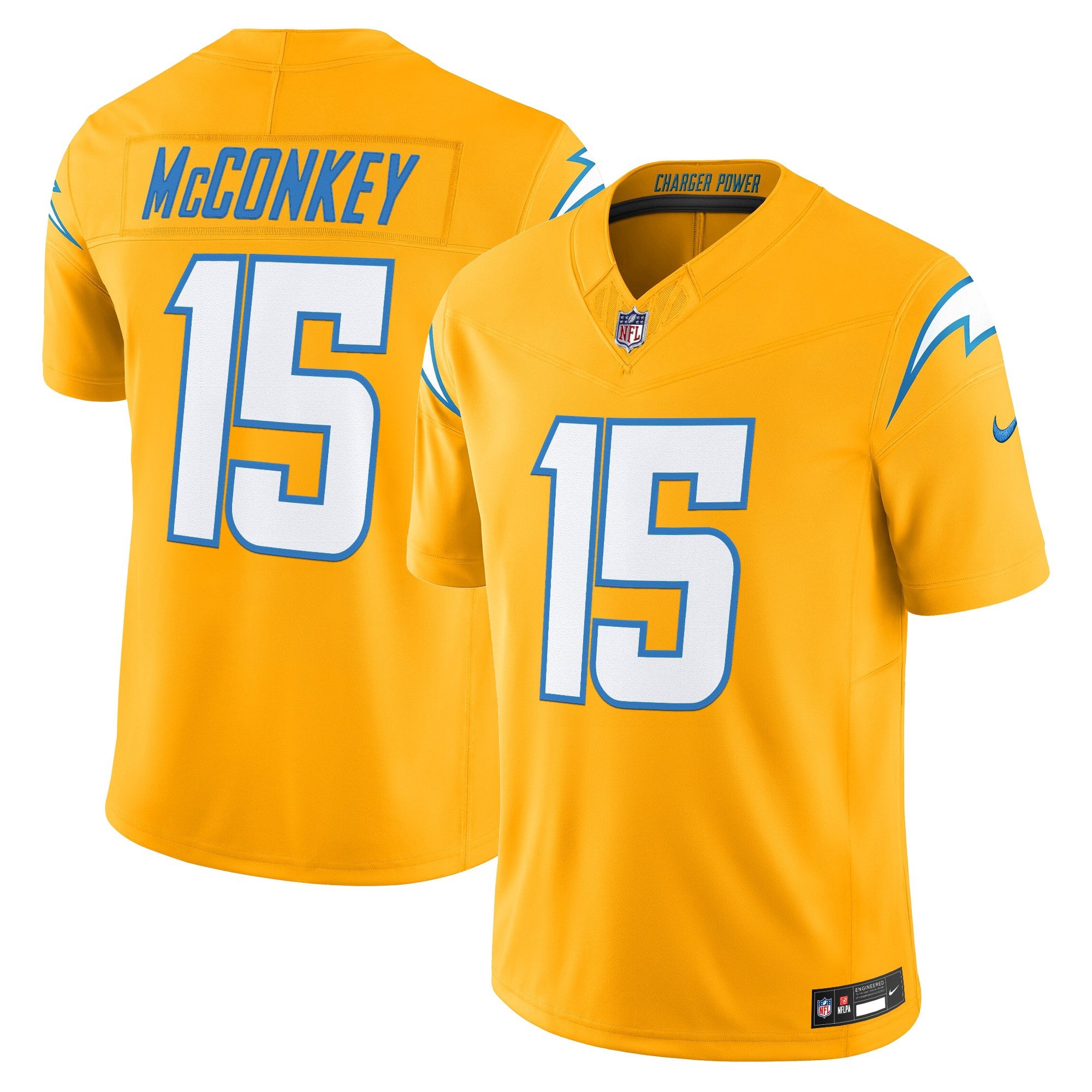 Los Angeles Chargers 2025 Alternate Charger Power Vapor Limited Jersey – All Stitched – Gold – Ladd McConkey Jersey