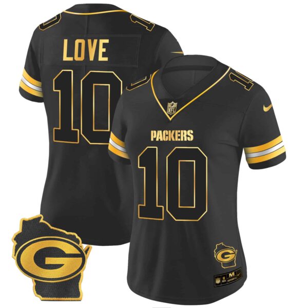 Women’s Packers Home Patch Gold Vapor Jersey – All Stitched – Black Gold – Jordan Love