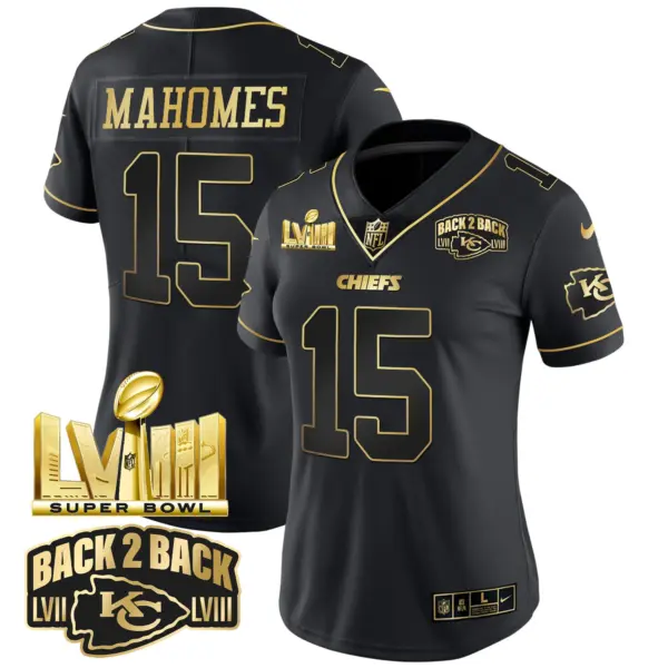 Womens Kansas City Chiefs Super Bowl LVIII Back 2 Back Gold Patch Vapor Jersey V2 Patrick Mahomes Jersey Black Gold