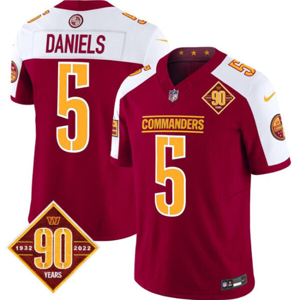 Men’s Washington Commanders #5 Jayden Daniels Burgundy White 2023 FUSE 90Th Anniversary Vapor Limited Football Stitched Jersey