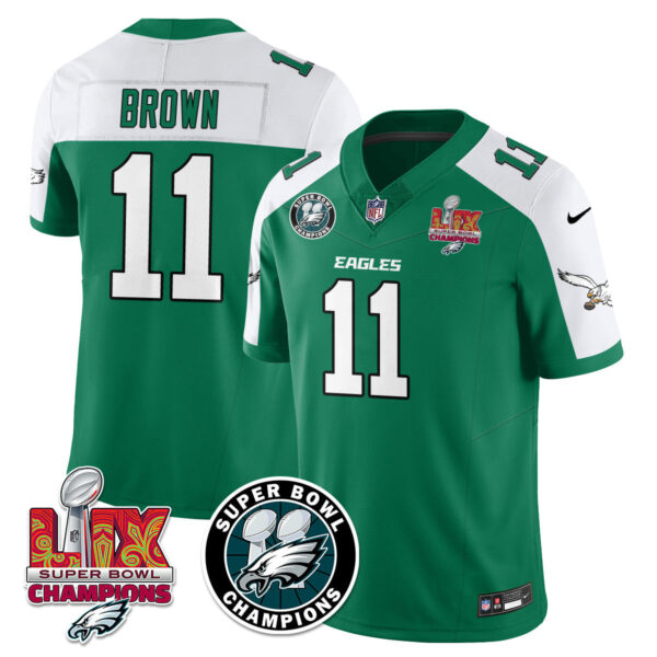 Philadelphia Eagles Super Bowl LIX Champions Jersey – All Stitched – Alternate Kelly Green – A. J. Brown – 11 Jersey