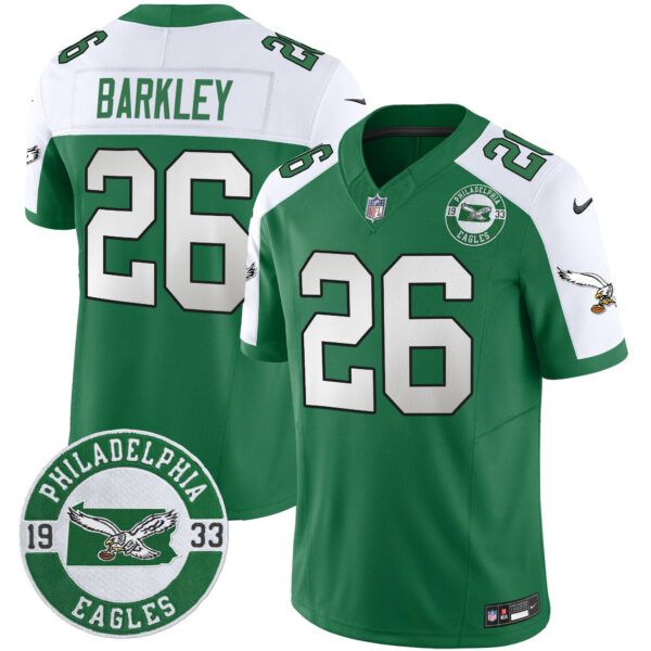 Philadelphia Eagles 2024 Throwback Vapor Limited Jersey – Est. 1933 Patch – All Stitched – Kelly Alternate – Saquon Barkley Jersey