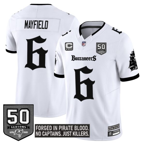 Tampa Bay Buccaneers ‘Gothic Pirate Shadows Edition’ Limited Jersey – All Stitched – White – Baker Mayfield Jersey