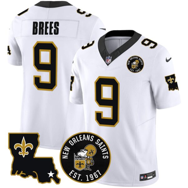 Men’s Saints EST. 1967 Patch Vapor Jersey – All Stitched – White – Drew Brees