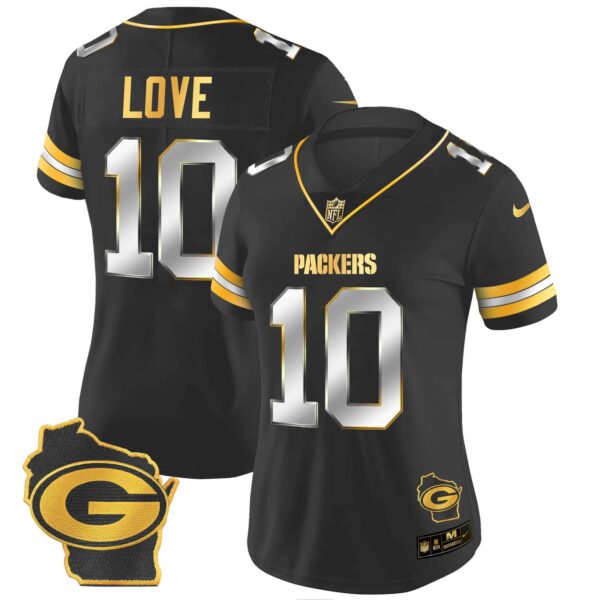 Women’s Packers Home Patch Gold Vapor Jersey – All Stitched – Black Limited – Jordan Love