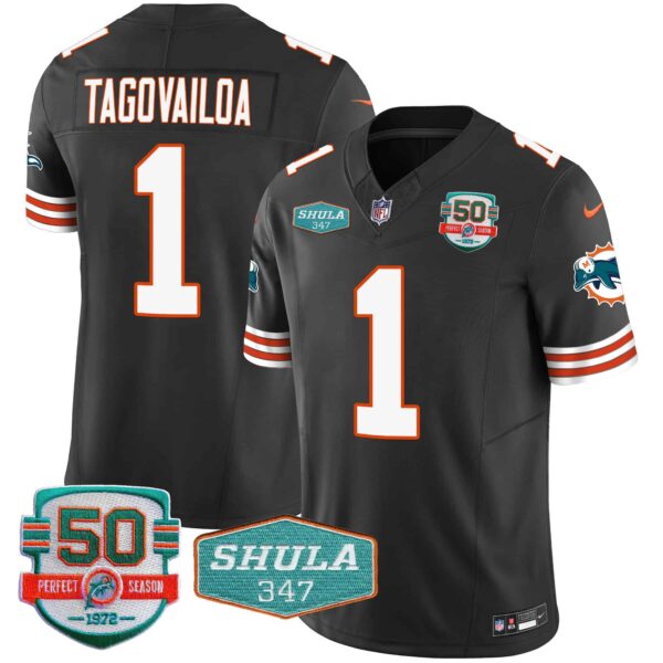 Men’s Dolphins Throwback Shula 347 Patch Vapor Jersey – All Stitched – Black – Tua Tagovailoa