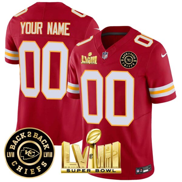 Chiefs Super Bowl LVIII & Back 2 Back Gold Patch Vapor Custom Jersey V3 – All Stitched – Men – Red