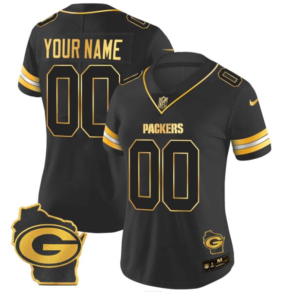 Packers Home Patch Gold Vapor Custom Jersey – All Stitched – Women – Black Gold