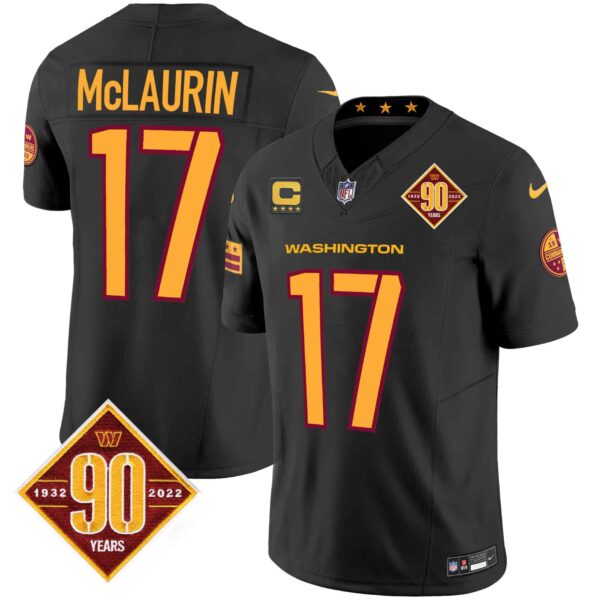 Men’s Washington Commanders 90th Anniversary Patch Vapor Jersey V3 – All Stitched – Black – Terry McLaurin