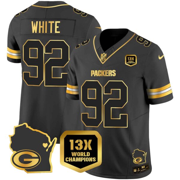 Men’s Packers 13 Time World Champions & Home Patch Gold Vapor Jersey V2 – All Stitched – Black Gold – Reggie White