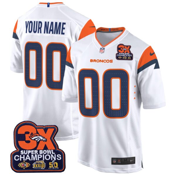 Denver Broncos 3-Time Champions Patch Game Custom Jersey – Al Stitched – White Jersey