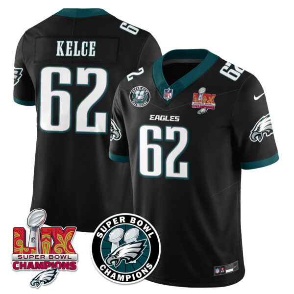 Philadelphia Eagles Super Bowl LIX Champions Jersey – All Stitched – Black – Jason Kelce – 62 Jersey