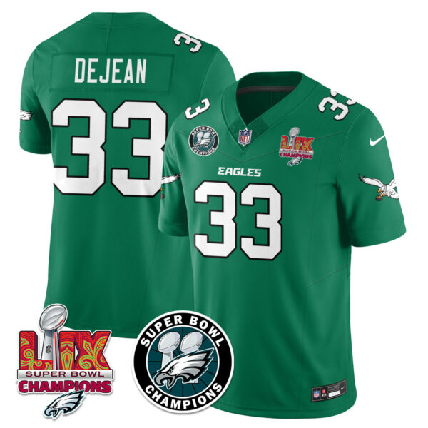 Men’s Philadelphia Eagles Super Bowl LIX Champions Jersey – All Stitched Kelly Green Cooper DeJean – 33 Jersey